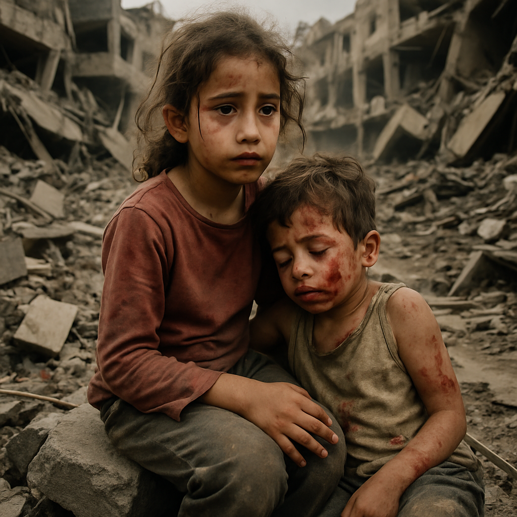 aftermath in Gaza (collapsed buildings, wounded children).