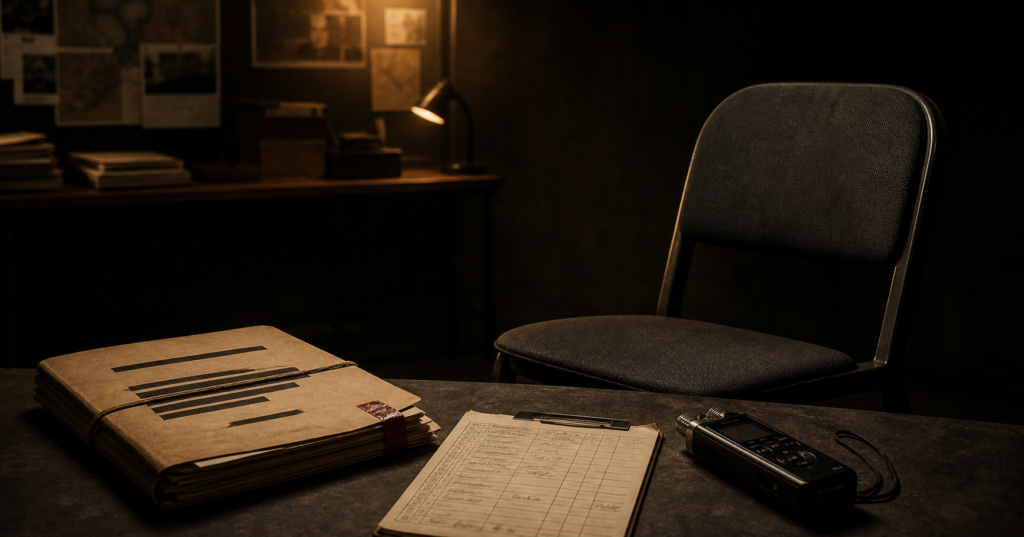 Illustrative evidence-room scene with an empty interview chair, audio recorder and redacted case file for the Don Paul Bales testimony investigation.