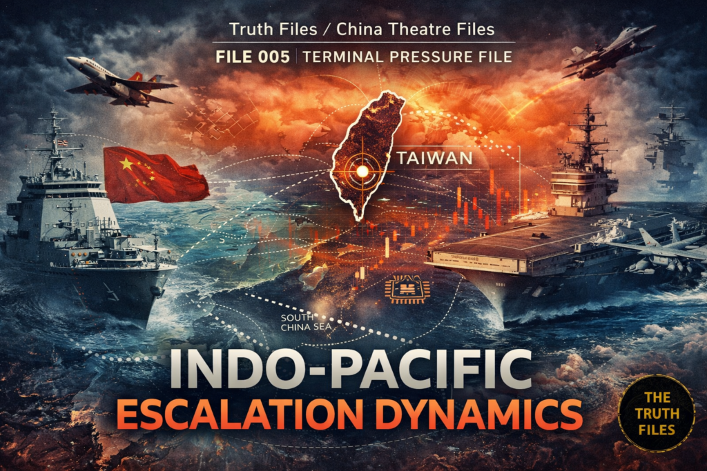 A dramatic geopolitical collage showing Taiwan at the centre of a military escalation map, flanked by Chinese and U.S. naval forces, fighter jets, market-chart graphics, and semiconductor symbols against a stormy Indo-Pacific backdrop.