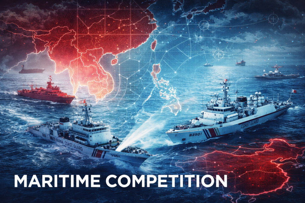 A geopolitical maritime illustration showing contested waters around China, Taiwan, Japan, and the Philippines, with coast guard and naval ships, surveillance-style map overlays, and a confrontation at sea symbolising regional pressure and route competition.