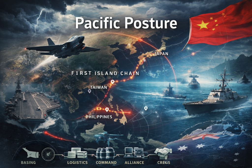 A dramatic Indo-Pacific military map showing Taiwan, Japan, and the Philippines along the first island chain, with naval ships, a fighter jet, strategic route lines, and symbols for basing, logistics, command, and alliance coordination.