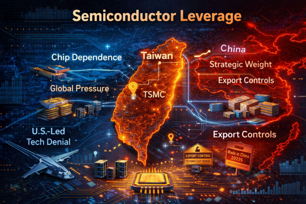 A digital geopolitical illustration centred on Taiwan’s semiconductor industry, showing Taiwan and China as glowing mapped territories linked by circuit lines, chip icons, export-control symbols, and strategic technology graphics.