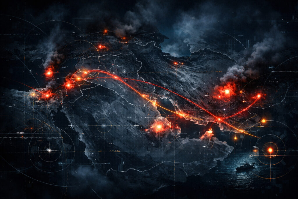 TRIPWIRE: FAULTLINE hero image showing a connected Middle East escalation map with multiple regional pressure zones