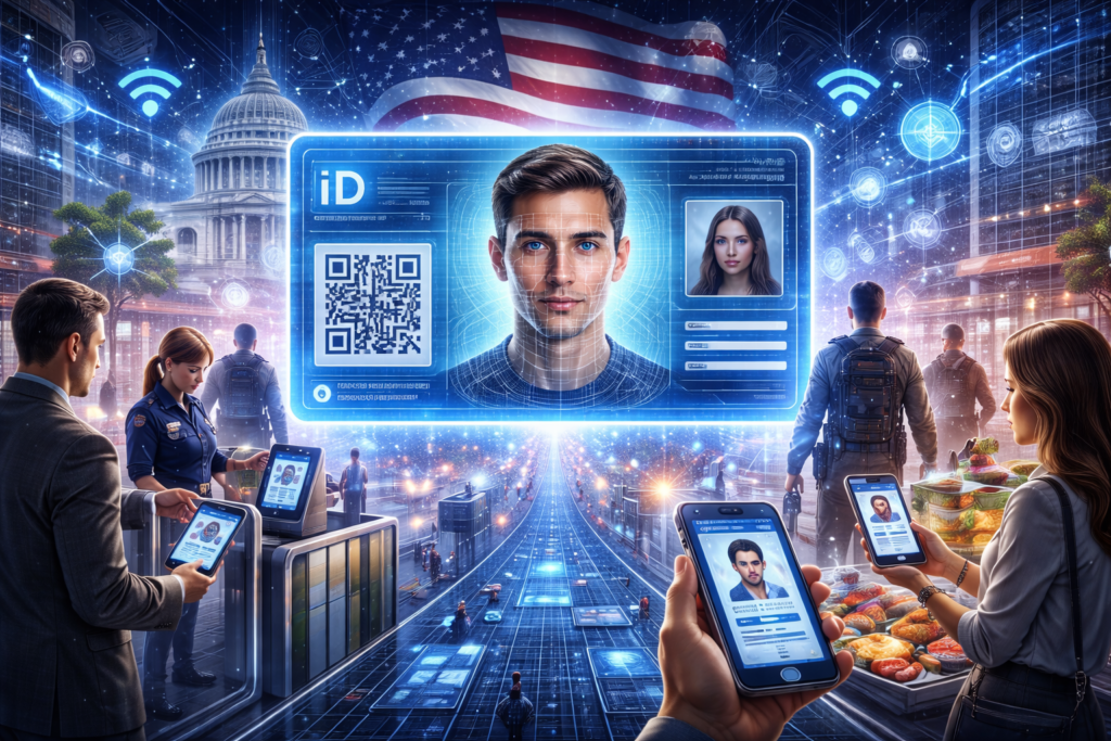A futuristic American city scene shows a giant glowing digital ID card with a man’s face, QR code, and profile data floating in the center, backed by the U.S. flag and the Capitol building. Around it, people use smartphones and ID scanners at checkpoints and in public spaces, suggesting a society shaped by digital identity, surveillance, and controlled access.