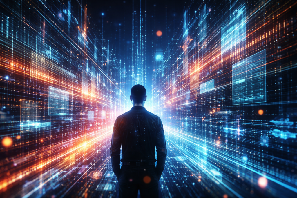 A lone silhouetted figure stands at the center of a glowing corridor of data, surrounded by bright blue and amber digital streams, floating interface panels, and a futuristic city-like grid, representing the rise of algorithmic systems and machine-driven control.