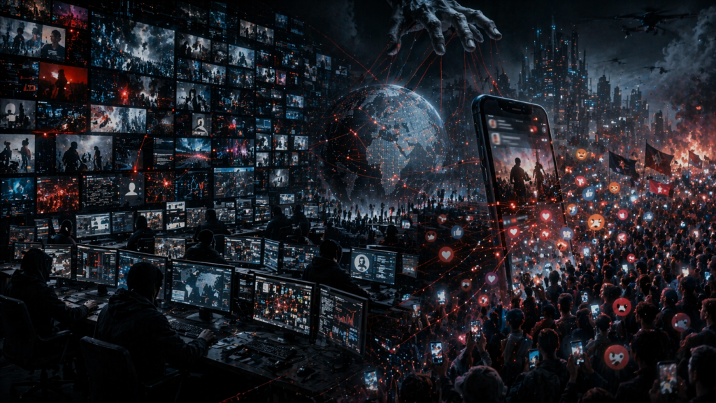 Rows of screens broadcasting the same message — Mind Control Archives lane