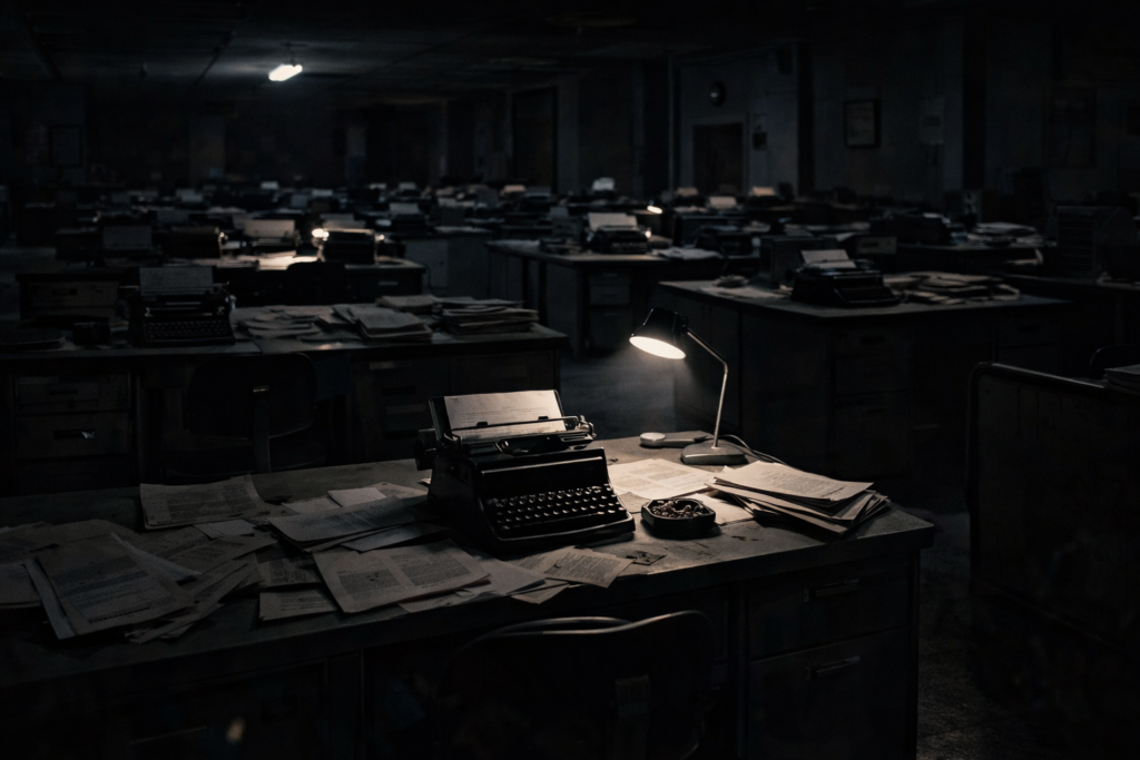 Operation Mockingbird hero image - a lone typewriter in an empty office