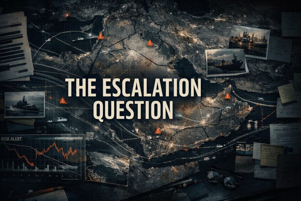 Investigative editorial cover showing a classified-style Middle East escalation map with Hormuz shipping lanes, military markers, redacted documents, and energy risk overlays.