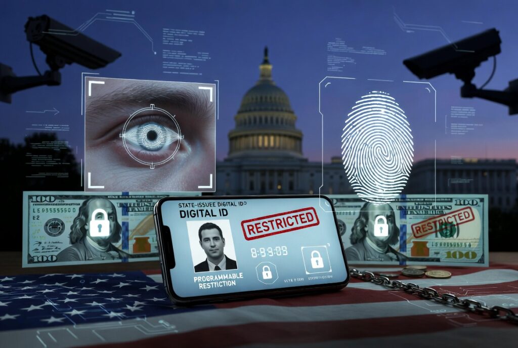 Digital ID on a smartphone with programmable money restrictions, biometric scans, restricted U.S. dollars, and the Capitol in the background — illustrating America's emerging control grid.
