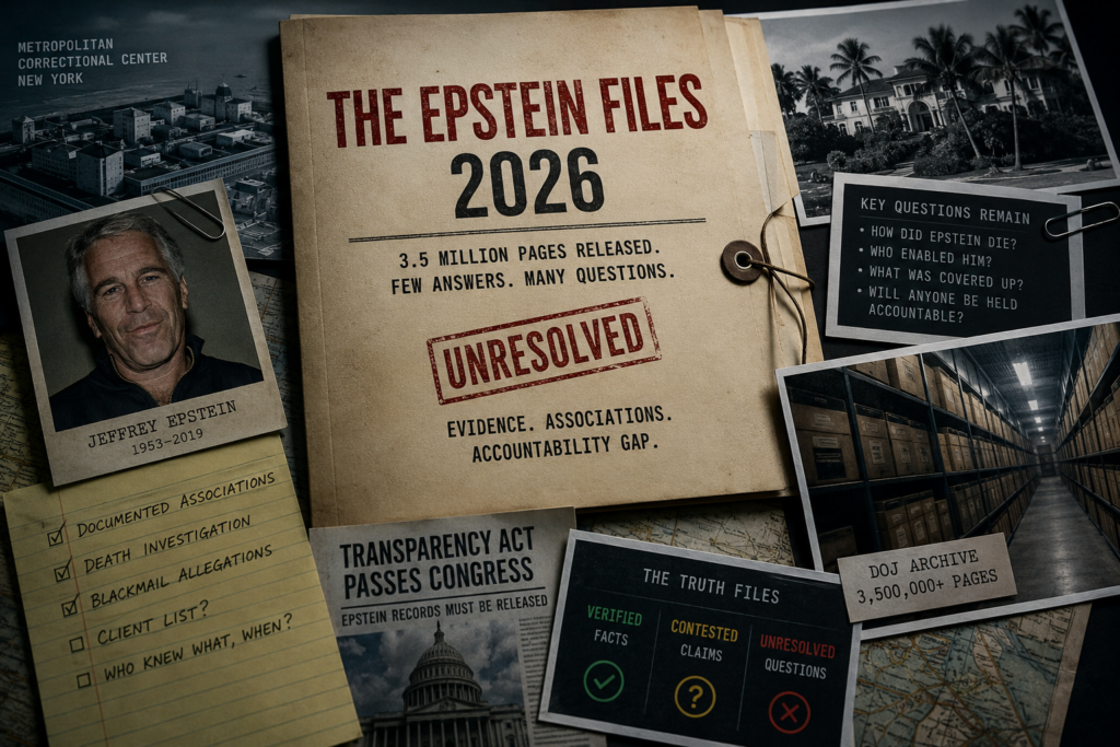 `Epstein Files 2026 DOJ archive investigation board with prison records, evidence files, and unresolved case markers`