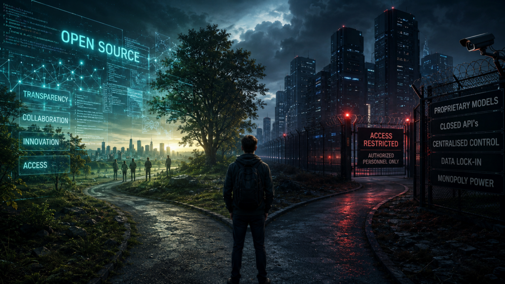 A lone figure stands at a crossroads between two contrasting AI futures: an open, collaborative technological ecosystem represented by transparent digital networks and shared innovation on one side, and a heavily controlled infrastructure dominated by restricted access, surveillance systems, corporate barriers, and centralised power on the other.