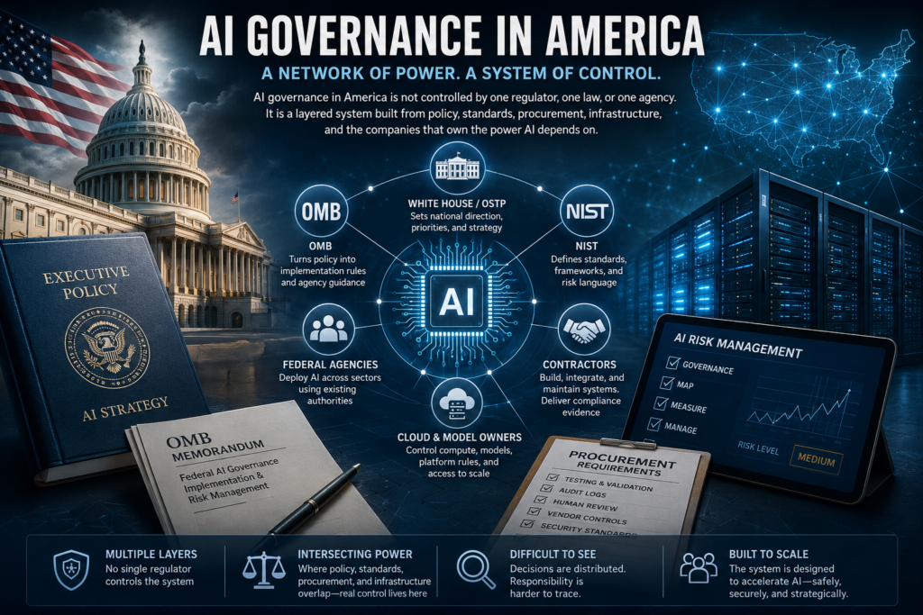 AI governance in America concept illustration showing the U.S. Capitol, federal policy symbols, AI infrastructure, cloud computing networks, government oversight systems, data centres, procurement controls, and interconnected governance layers shaping artificial intelligence deployment in the United States.