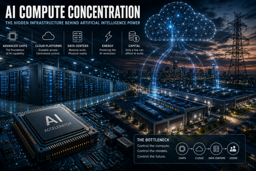 AI compute concentration showing advanced data centres, AI chip infrastructure, cloud computing networks, and the physical systems powering artificial intelligence at scale.