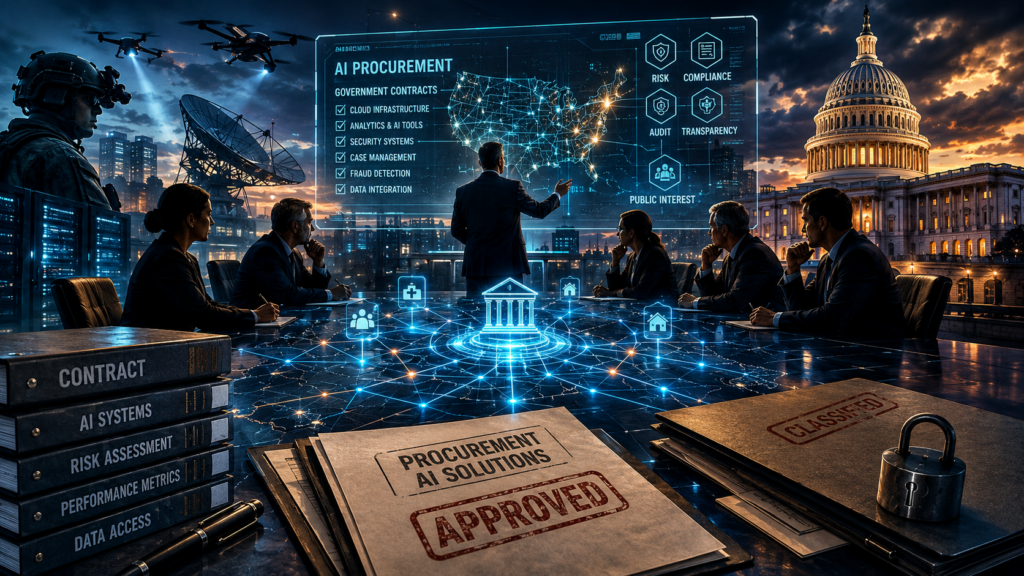 AI procurement can move defense, intelligence, and contractor logic into civilian systems. This file tracks how public-sector AI power is bought.