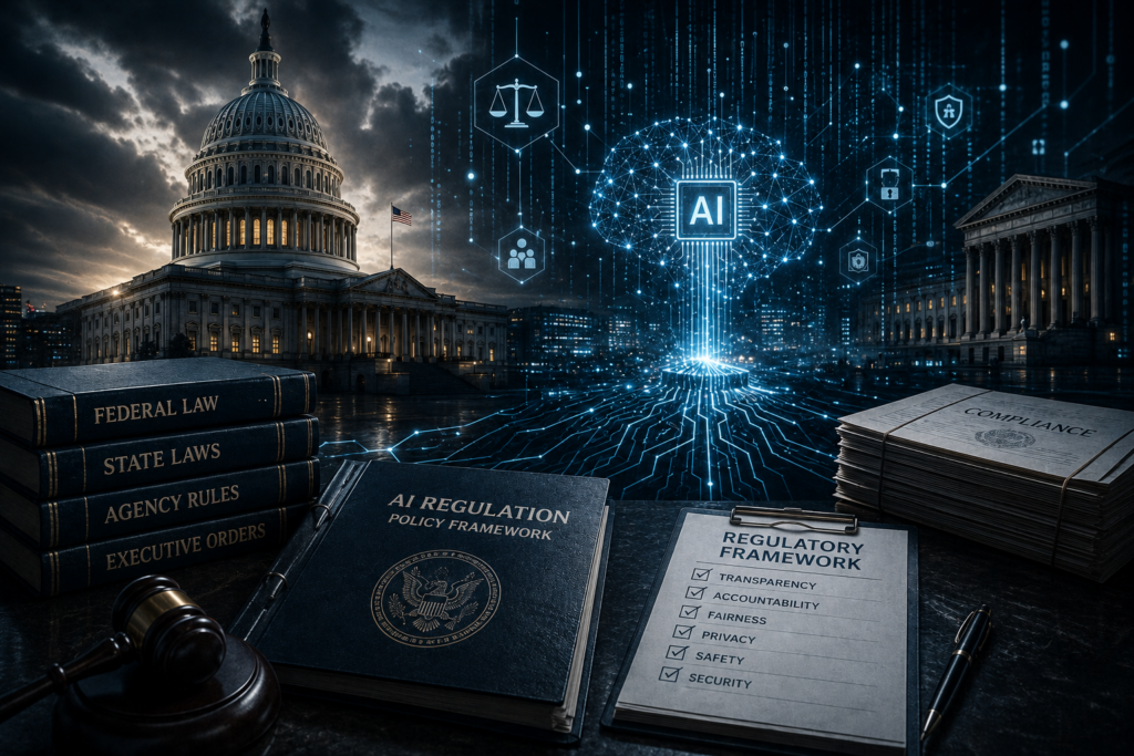 AI regulation in America showing government institutions, legal frameworks, digital networks, and artificial intelligence oversight systems.