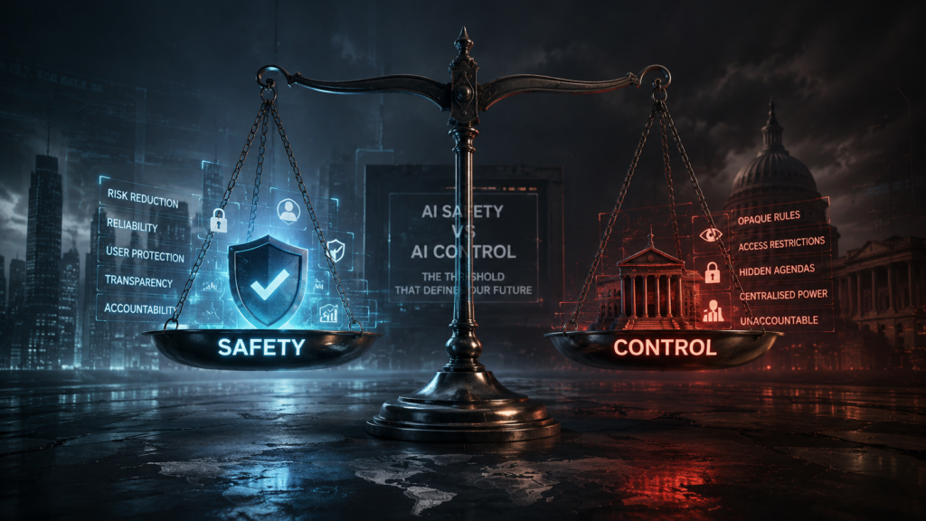 AI Safety vs AI Control balance scale illustrating the boundary between AI protection, governance, and institutional control.
