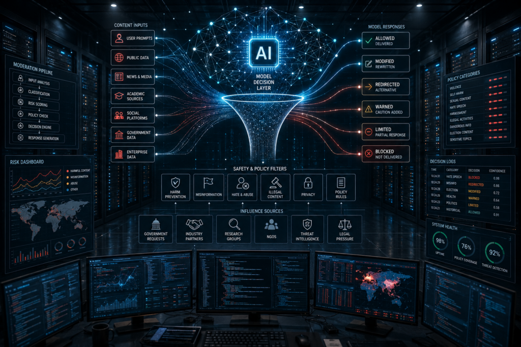 AI censorship systems showing artificial intelligence content filtering networks, moderation controls, digital oversight infrastructure, and algorithmic decision systems.