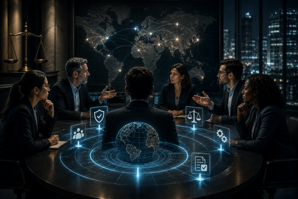 Strategic policy and governance meeting around a futuristic digital globe, with experts reviewing AI oversight, compliance frameworks, risk management systems, and international standards in a high-tech boardroom setting.