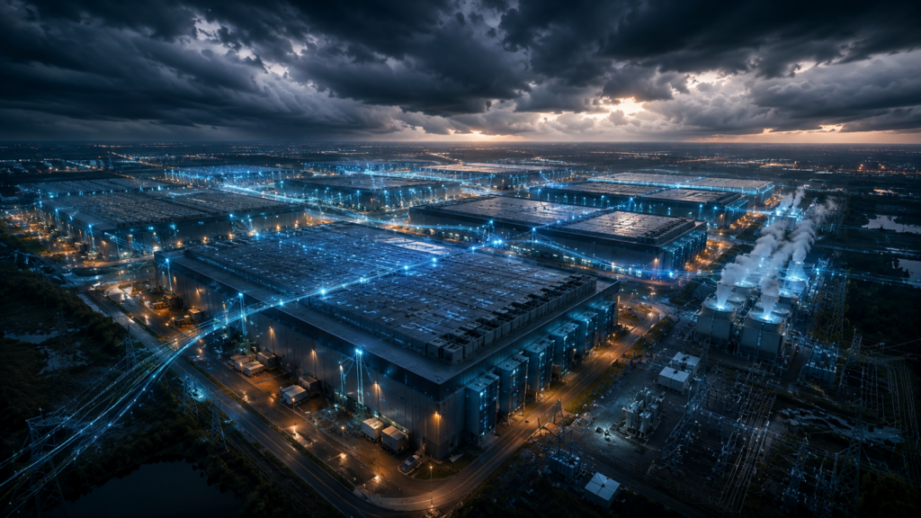 Massive hyperscale data centres and power infrastructure illustrating the concentration of compute resources required to train and operate advanced artificial intelligence systems.