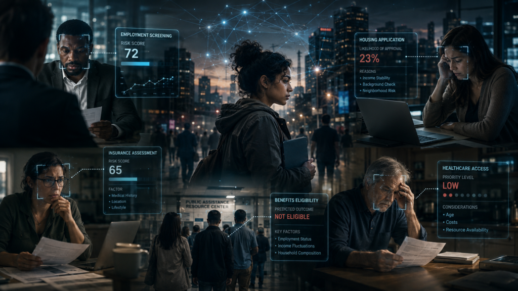 People navigating employment, housing, insurance, and public services while artificial intelligence systems analyze applications, risk scores, and eligibility decisions in the background.