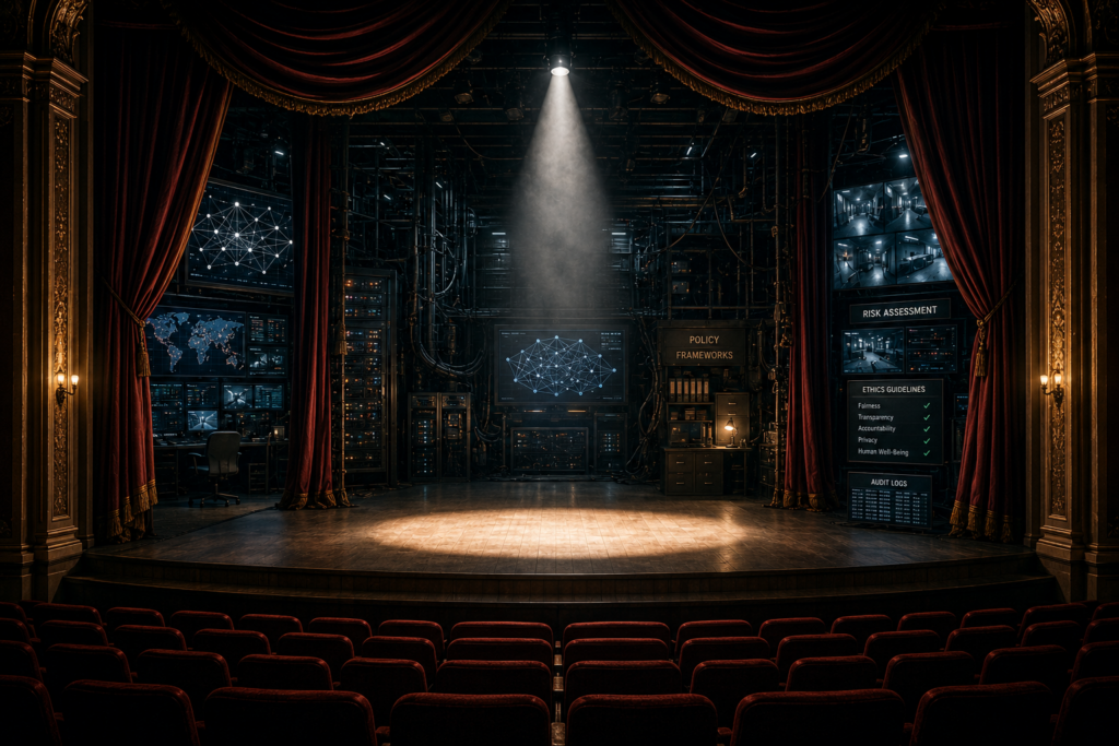 AI ethics theatre showing oversight symbolism, artificial intelligence governance structures, hidden control systems, and the gap between public accountability and operational power.