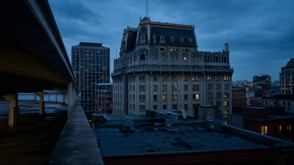Illustrative view from a parking structure toward a historic Baltimore-style hotel at blue hour