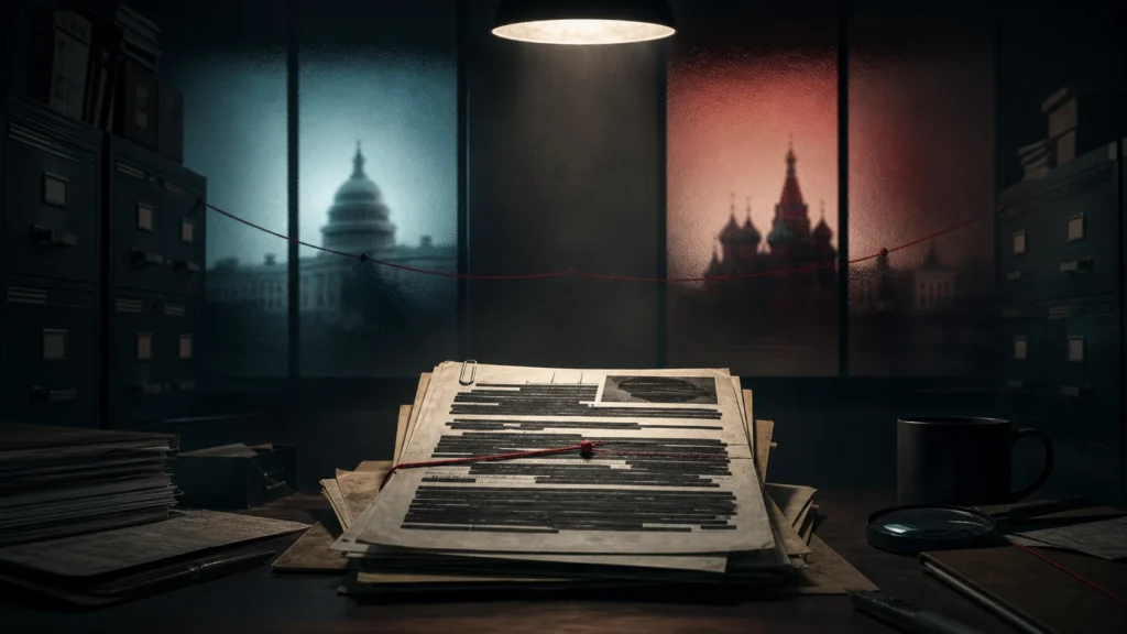 AI-generated editorial illustration of a redacted counterintelligence file linking abstract Washington and Moscow power centres