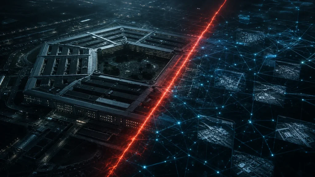 Illustrative aerial view of a five-sided defence complex divided from an AI surveillance network by a red boundary line