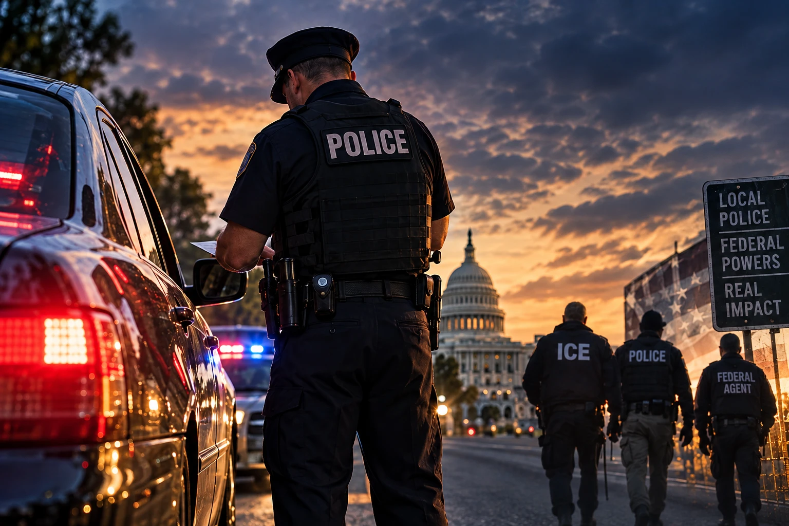AI-generated illustrative scene of a police officer, ICE and other federal agents near the U.S. Capitol at dusk.