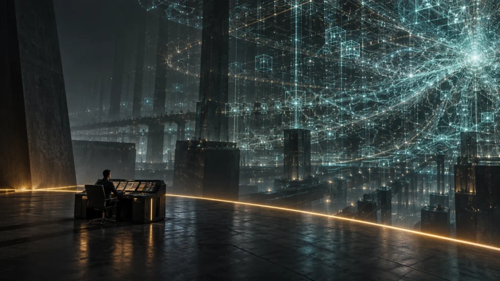 AI-generated conceptual illustration of a lone operator at a console facing an immense illuminated computational lattice.