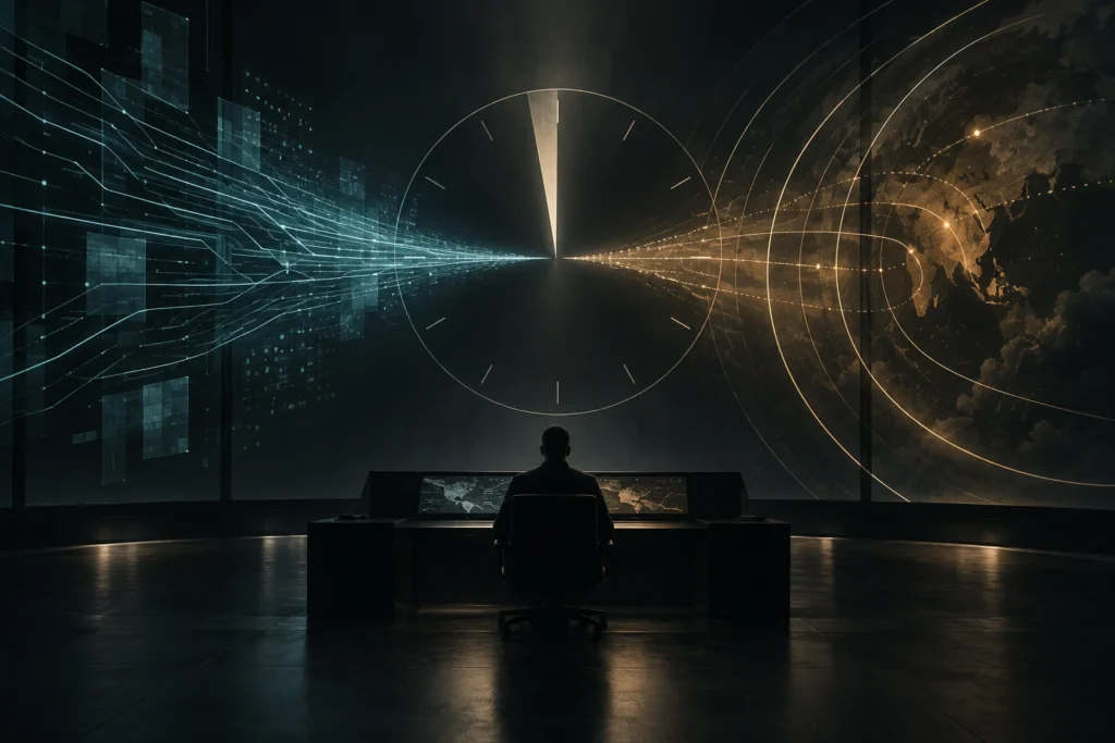 AI-generated conceptual illustration of an anonymous person facing converging streams of data and a clock-like circle.