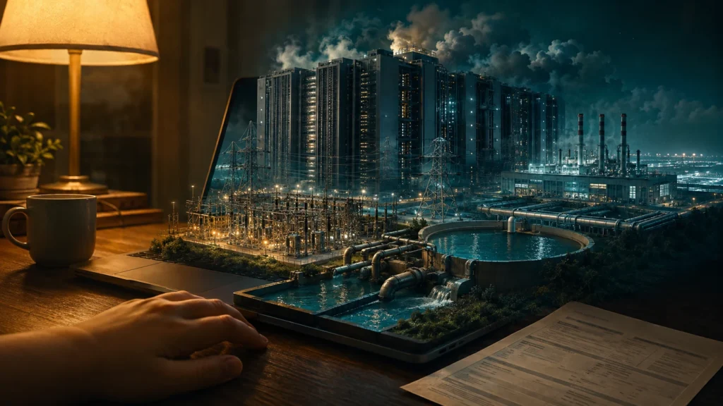 AI-generated conceptual illustration of data centres, power lines and water infrastructure rising from an ordinary household laptop