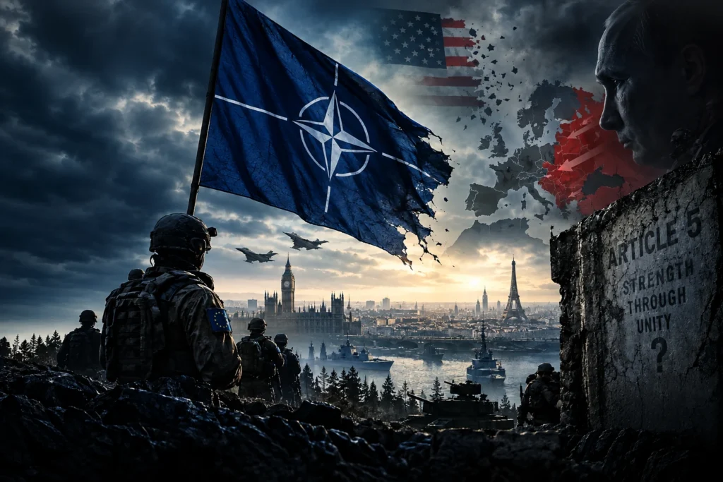 NATO troops and warships on a coastline beneath a torn NATO flag, with US and European symbols and a wall reading Article 5: Strength Through Unity, in a conceptual illustration about transatlantic defence commitment.
