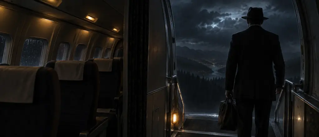 Illustration of a silhouetted man in a 1970s suit at an aircraft doorway on a stormy night.