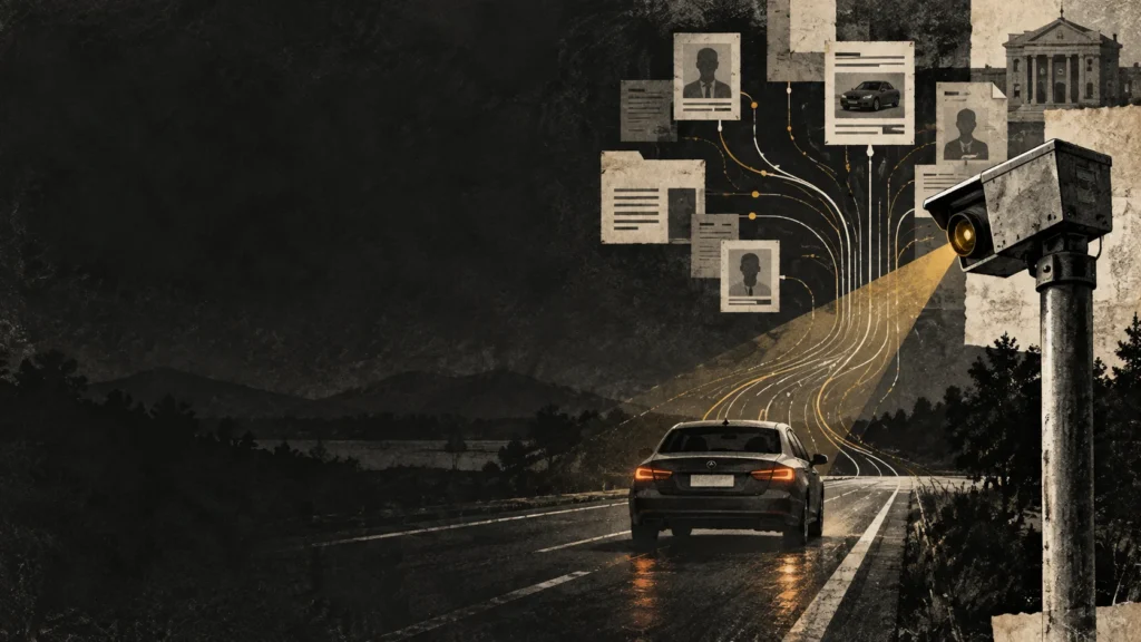 Editorial illustration of a roadside camera and anonymous car connected to branching records; no real location or identifiable person