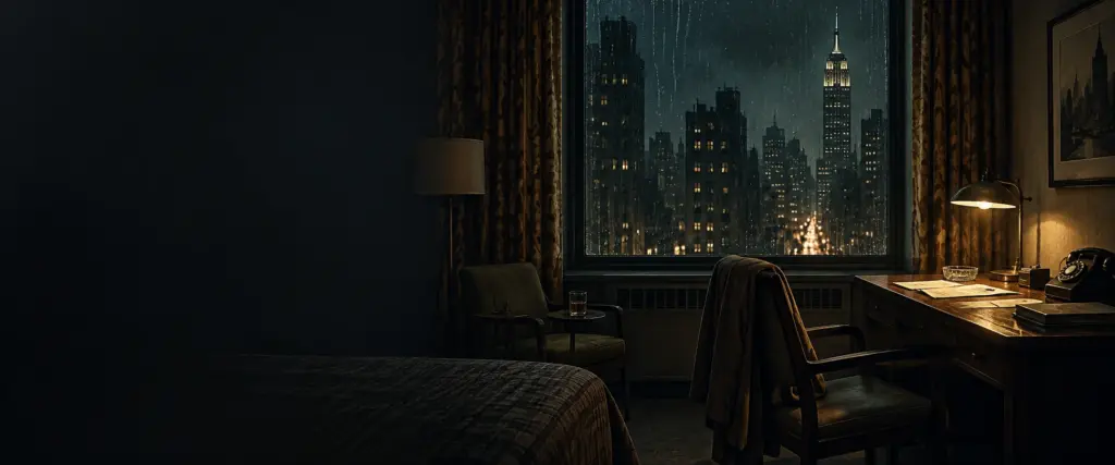 Illustration of an empty 1950s hotel room at night, with a rain-streaked window and desk lamp.