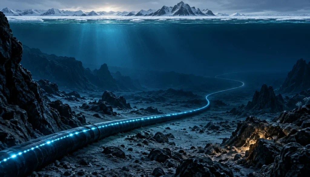 AI-generated illustration of a luminous cable crossing a dark Arctic seabed beneath an icy horizon.