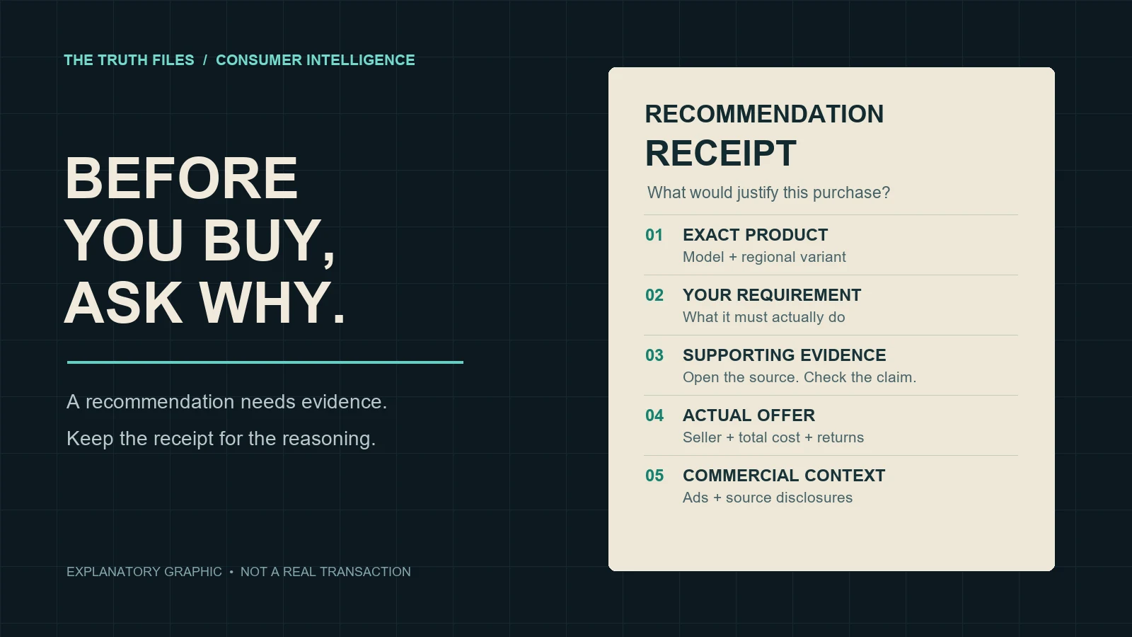 Recommendation receipt: verify the exact product, your requirement, supporting evidence, actual offer and commercial context.