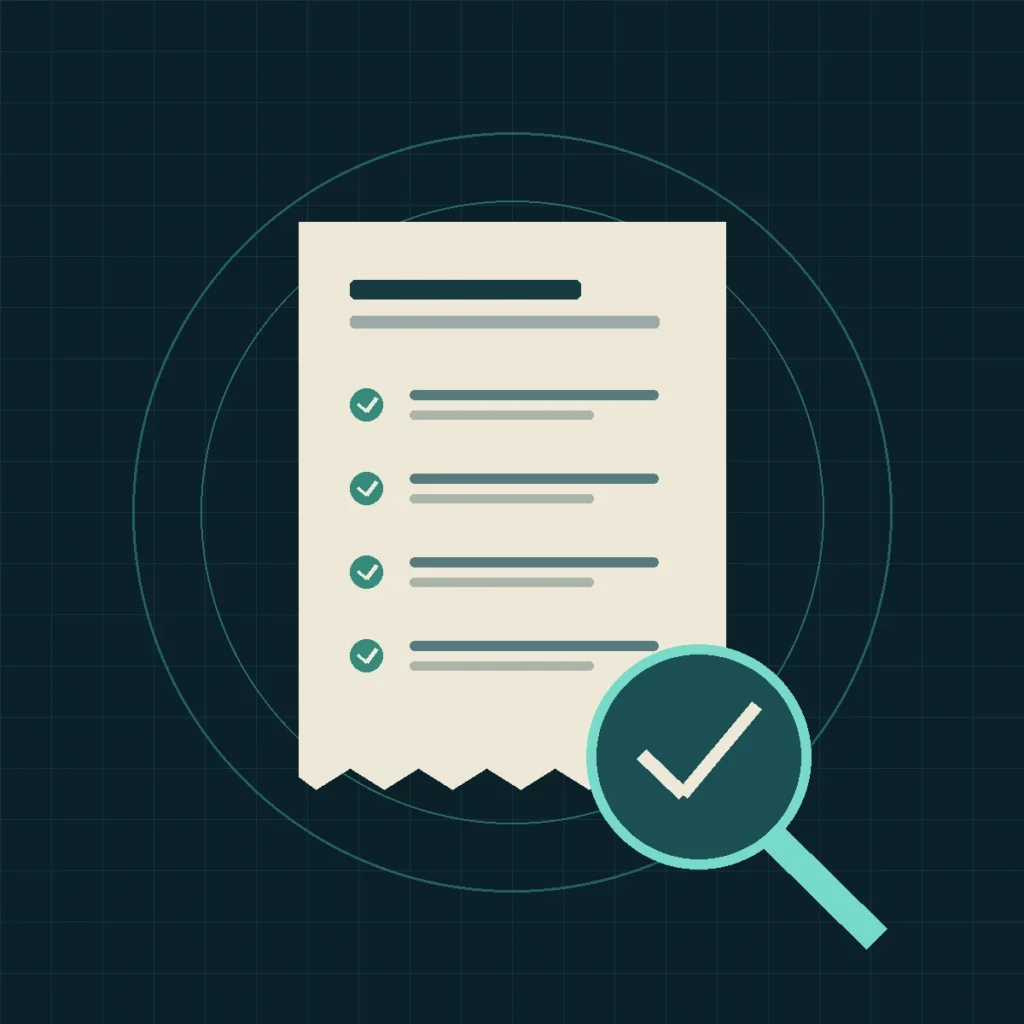 Original conceptual illustration of a receipt with checked evidence items and a magnifying glass.