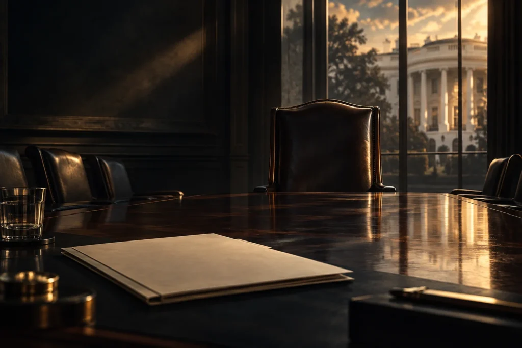 AI-generated conceptual illustration of an empty chair and blank dossier in a government-style meeting room.