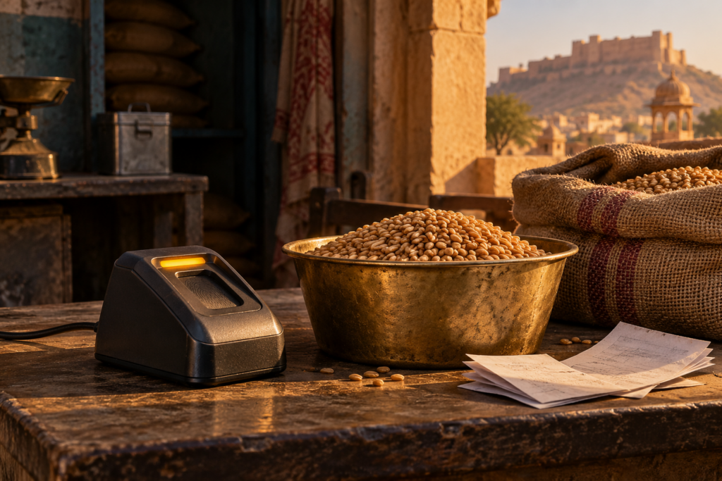 Conceptual illustration of a fingerprint reader beside a bowl of wheat and transaction slips at a Rajasthan ration-shop counter.
