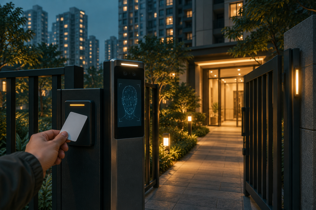 Illustrative residential gate with a hand presenting an access card beside a facial-recognition terminal, and an open path to an apartment entrance.