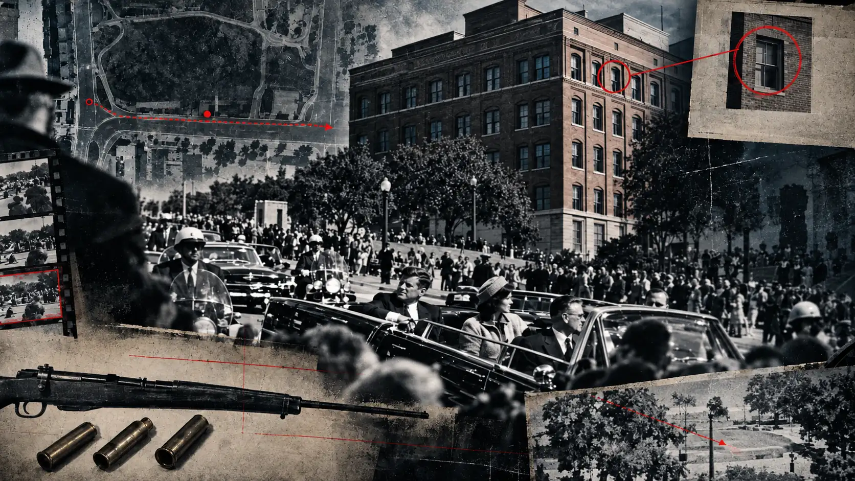 Conceptual montage of Dealey Plaza on 22 November 1963, with the motorcade on Elm Street, the Texas School Book Depository, a map of the route and a rifle with three cartridge cases.