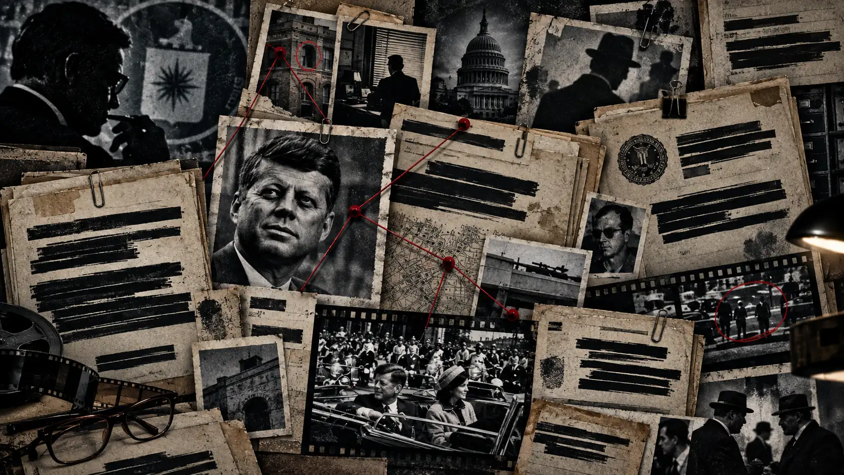 Conceptual montage of heavily redacted file pages, a CIA seal, the Capitol and film frames linked by red string, suggesting an investigation into the intelligence record.