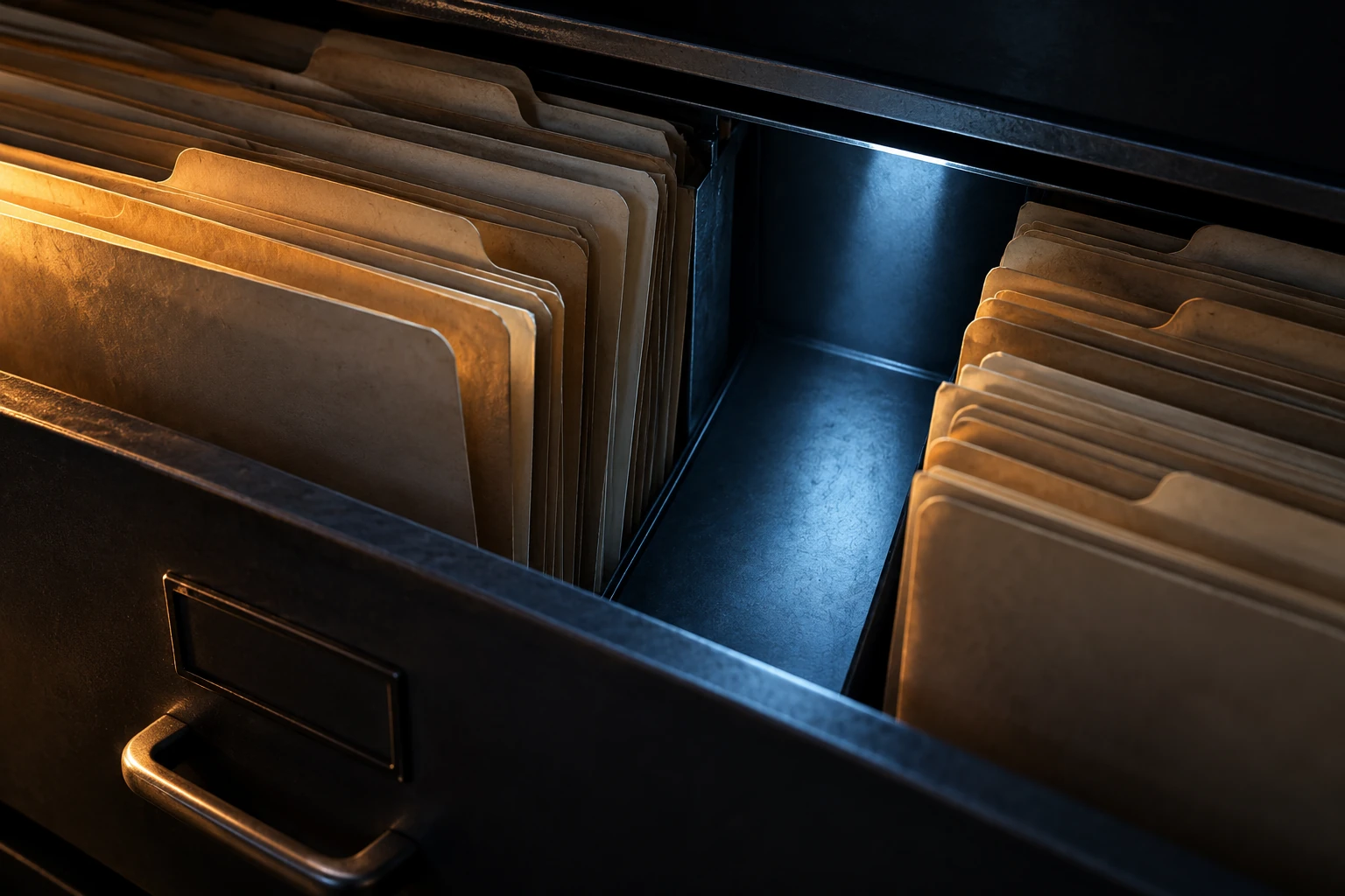 Illustration of a partly empty archive folder beside surviving records; it does not depict an original CIA document