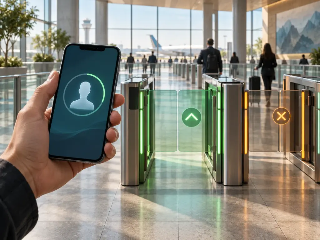 AI-generated editorial illustration: A smartphone identity credential in front of airport access gates.