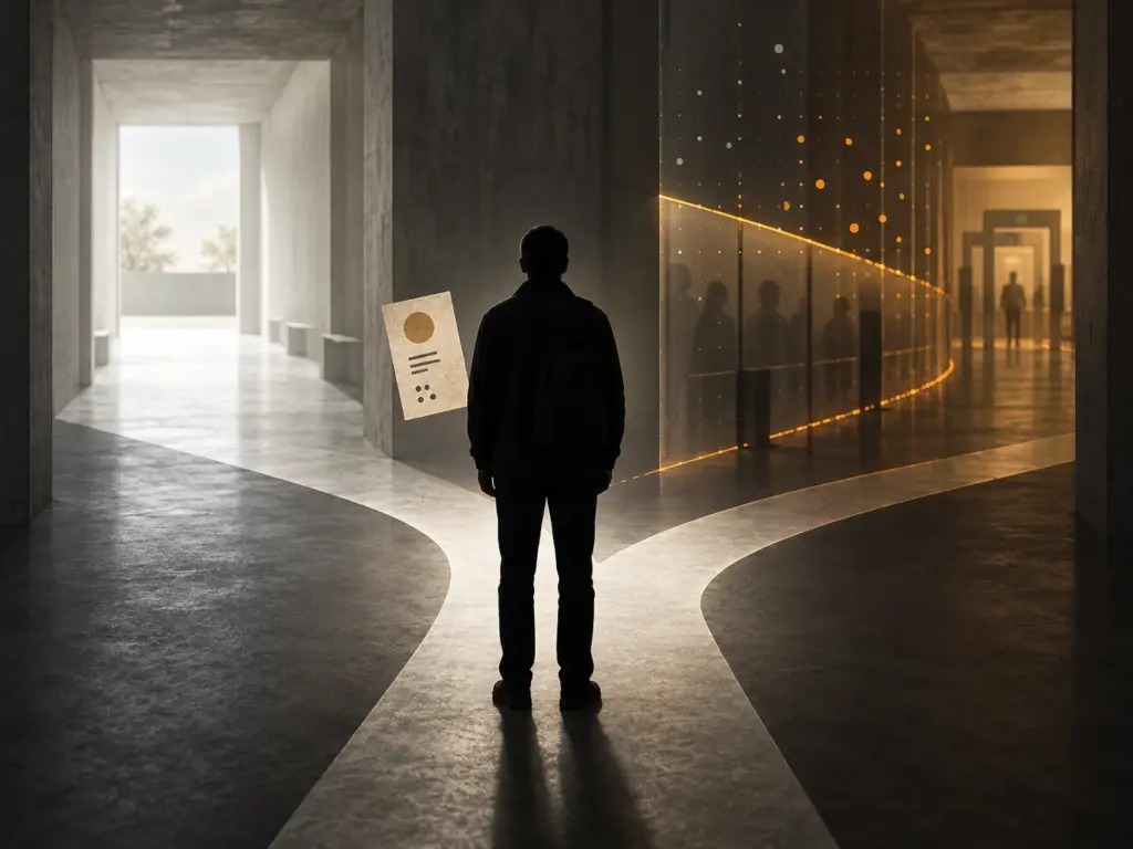AI-generated editorial illustration: A human silhouette at two institutional paths separated by a conceptual risk threshold.