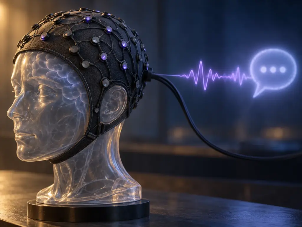 AI-generated editorial illustration: An electrode sensing cap on an anatomical head model beside a conceptual communication signal.