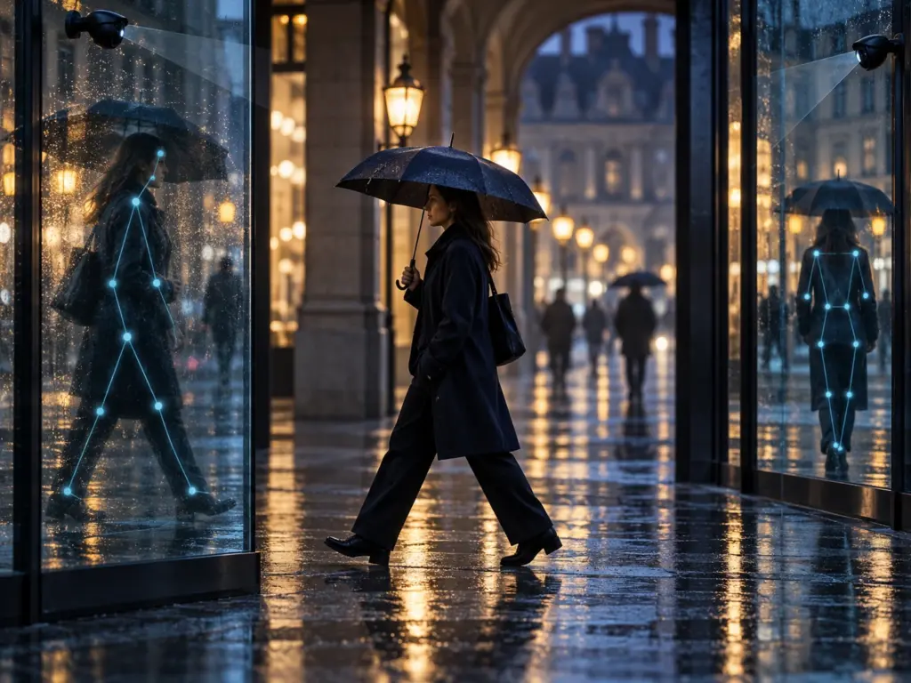 AI-generated editorial illustration: A pedestrian reflected as a conceptual body-joint map in a rainy public arcade.