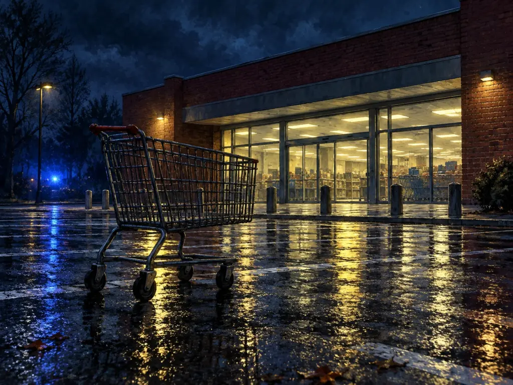 AI-generated editorial illustration: An abandoned shopping cart outside a generic Belgian supermarket at night.